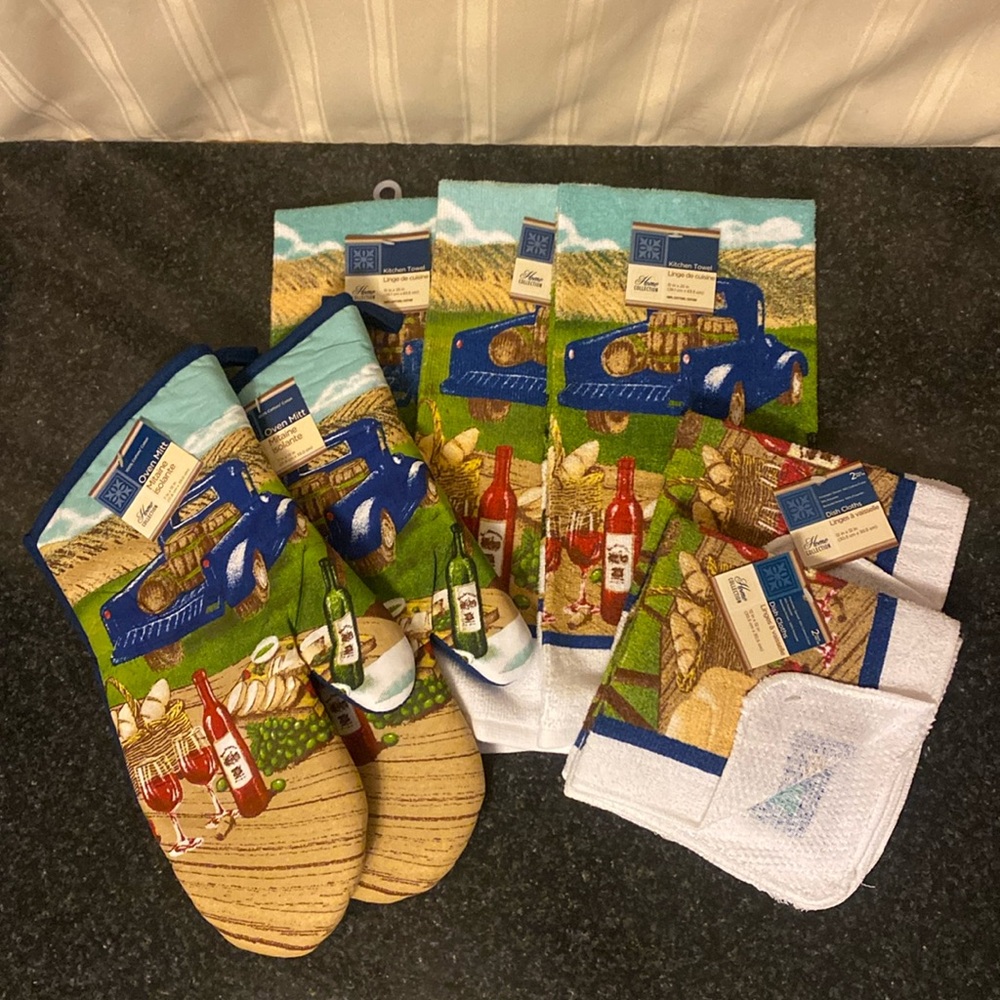 100% Cotton 7 Piece Winery Themed Dish Towel and Oven Mitt Set